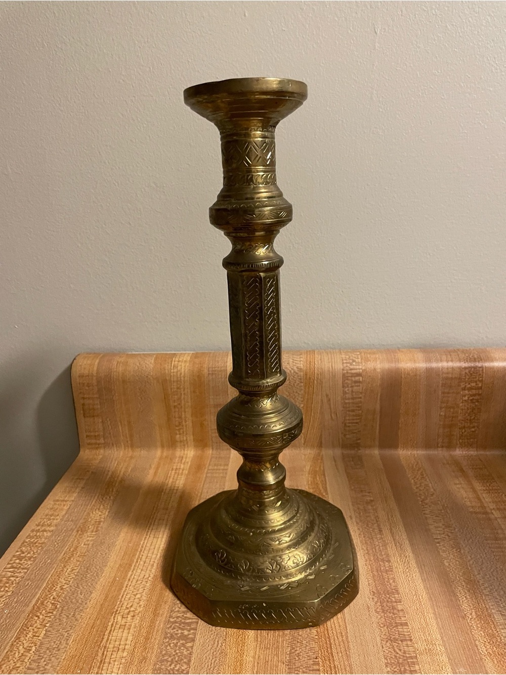 Ornate Brass Candlestick — Gold Tone Decorative Accent